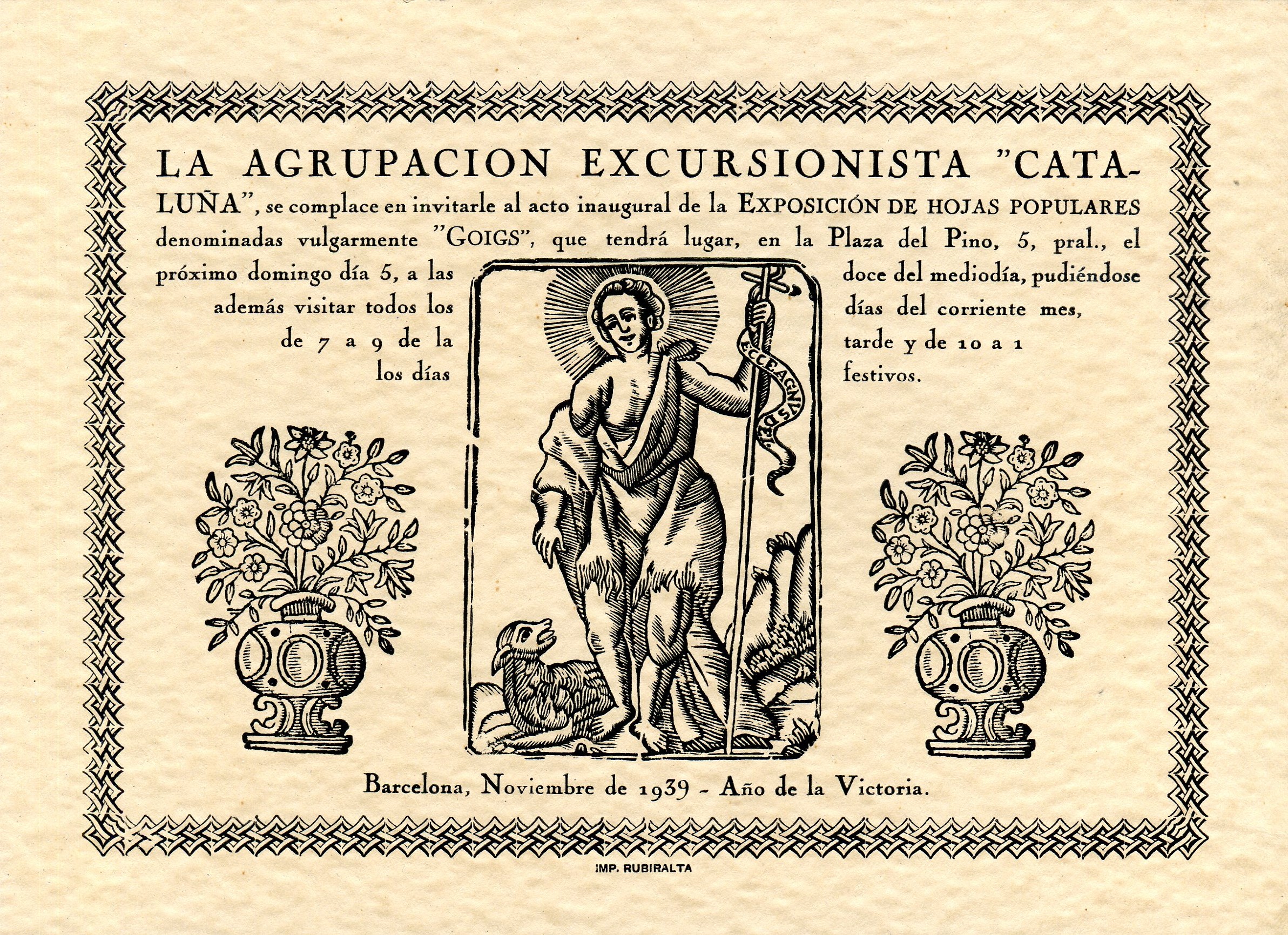 Agrupación Excursionista "Cataluña", La : se complace en invitarle al acto inaugural de la Exposición de hojas populares denominadas vulgarmente "Goigs",... - Portada